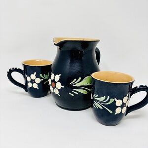 Alsace Folk Art French Pottery Pitcher & Ceramic Mugs 3 piece Set made in France